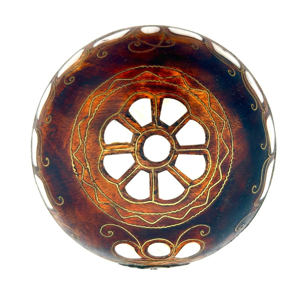Vintage 5"W Handcrafted Hinged Wooden Jewelry Trinket Box Mother of Pearl Inlay - Picture 2 of 7